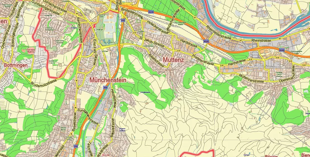 Basel Switzerland Map Vector City Plan Low Detailed (for small print size) Street Map editable Adobe Illustrator in layers