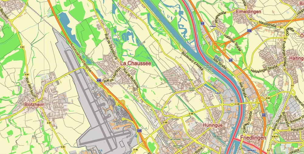 Basel Switzerland Map Vector City Plan Low Detailed (for small print size) Street Map editable Adobe Illustrator in layers