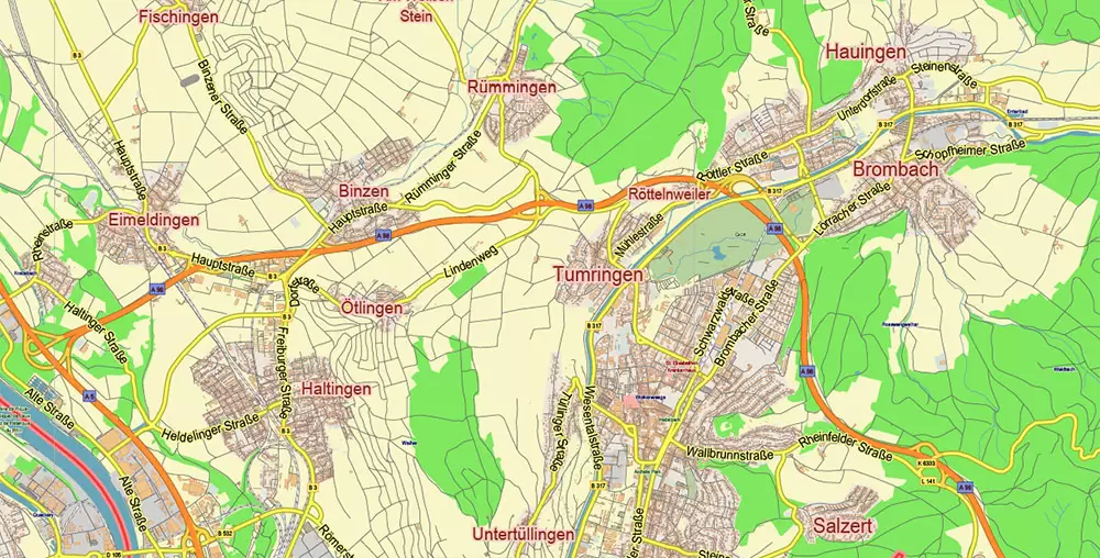 Basel Switzerland Map Vector City Plan Low Detailed (for small print size) Street Map editable Adobe Illustrator in layers