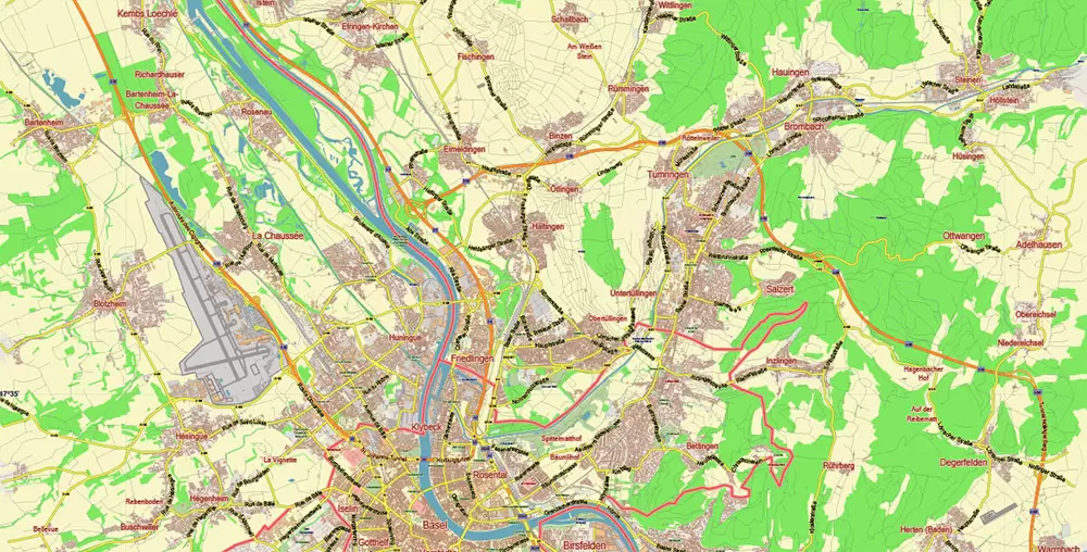 Basel Switzerland Map Vector City Plan Low Detailed (for small print size) Street Map editable Adobe Illustrator in layers