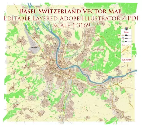 Basel Switzerland Map Vector Accurate High Detailed City Plan editable Adobe Illustrator Street Map in layers