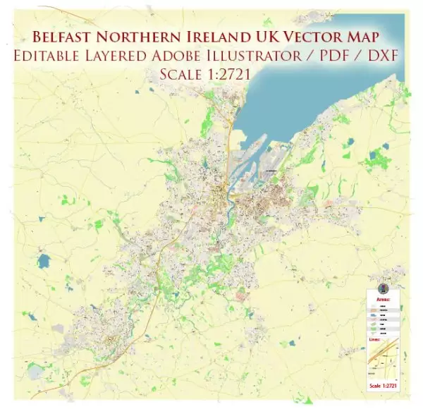 Belfast Northern Ireland UK DXF Map Vector Exact City Plan High Detailed Street Map Autocad + Adobe PDF in layers