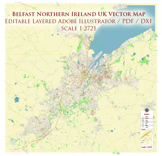 Belfast Northern Ireland UK PDF Vector Map Exact City Plan High Detailed Street Map Adobe PDF in layers