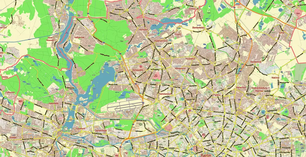 Berlin Germany Map Vector City Plan Low Detailed (for small print size) Street Map editable Adobe Illustrator in layers