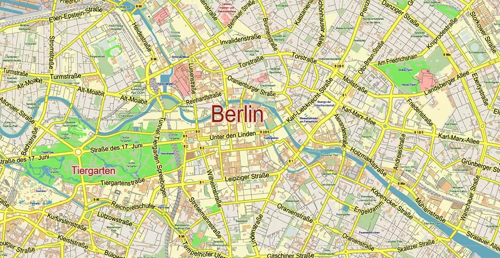 Berlin Germany Map Vector City Plan Low Detailed (for small print size) Street Map editable Adobe Illustrator in layers