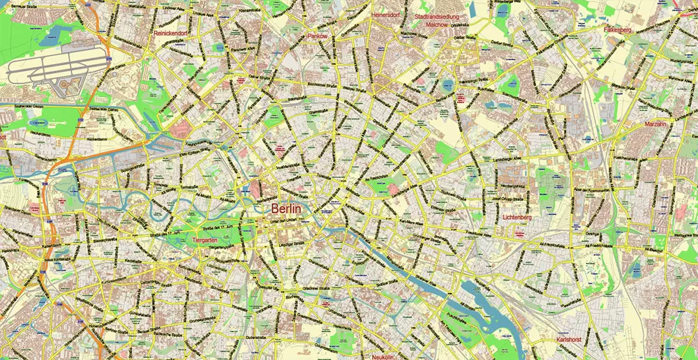 Berlin Germany Map Vector City Plan Low Detailed (for small print size) Street Map editable Adobe Illustrator in layers