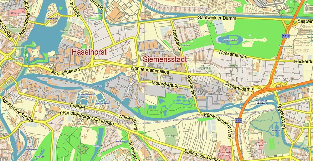Berlin Germany Map Vector City Plan Low Detailed (for small print size) Street Map editable Adobe Illustrator in layers