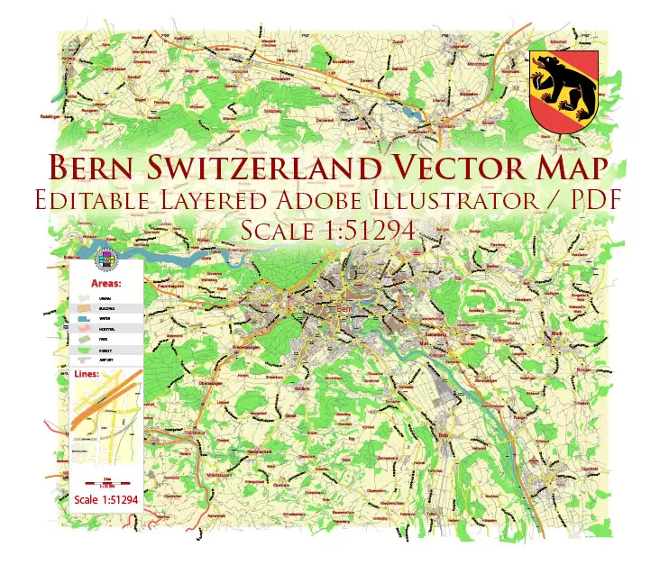 Bern Switzerland PDF Vector Map City Plan Low Detailed (for small print size) Street Map editable Adobe PDF in layers