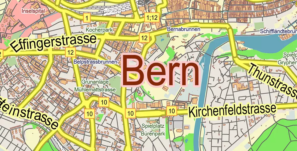 Bern Switzerland PDF Vector Map City Plan Low Detailed (for small print size) Street Map editable Adobe PDF in layers