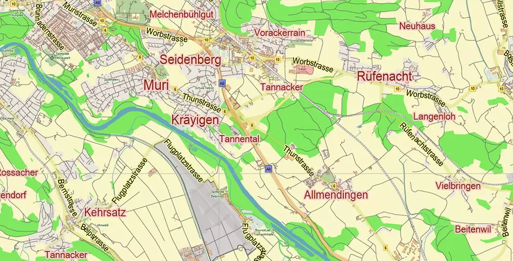 Bern Switzerland PDF Vector Map City Plan Low Detailed (for small print size) Street Map editable Adobe PDF in layers