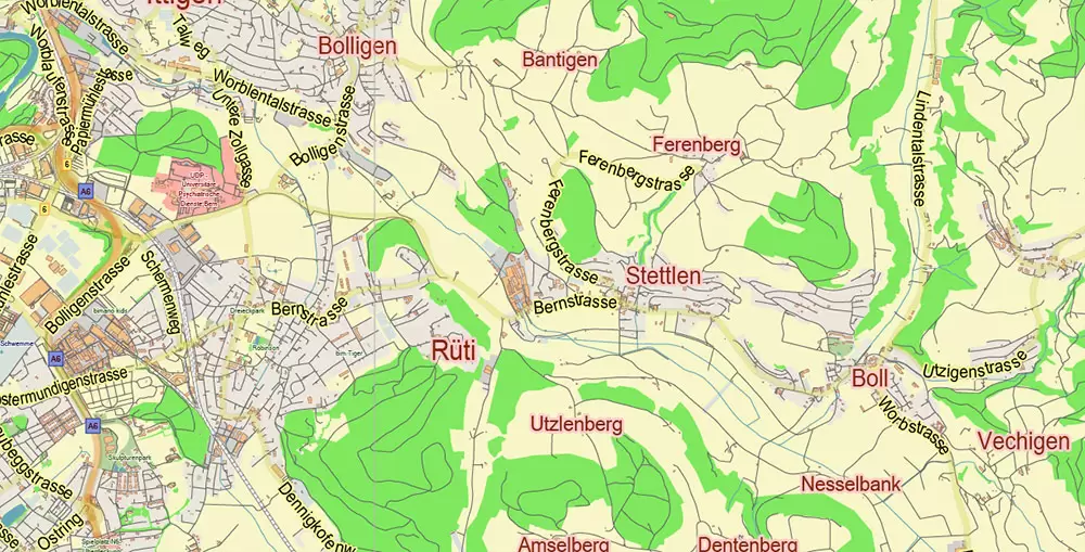 Bern Switzerland PDF Vector Map City Plan Low Detailed (for small print size) Street Map editable Adobe PDF in layers