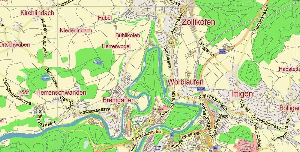 Bern Switzerland PDF Vector Map City Plan Low Detailed (for small print size) Street Map editable Adobe PDF in layers