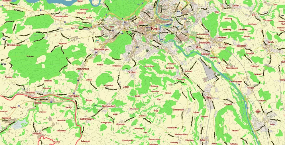 Bern Switzerland PDF Vector Map City Plan Low Detailed (for small print size) Street Map editable Adobe PDF in layers