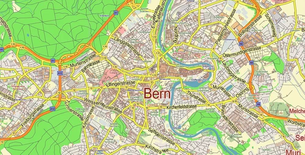 Bern Switzerland PDF Vector Map City Plan Low Detailed (for small print size) Street Map editable Adobe PDF in layers