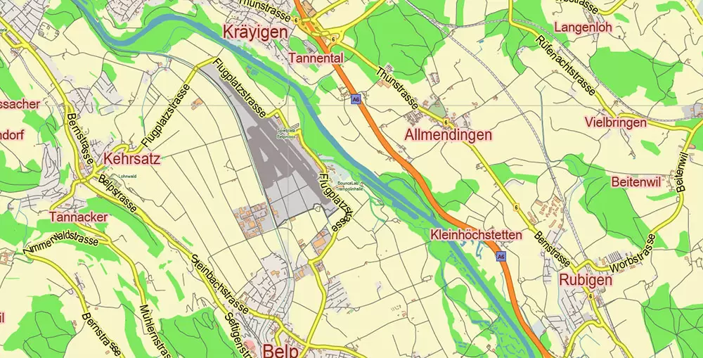 Bern Switzerland PDF Vector Map City Plan Low Detailed (for small print size) Street Map editable Adobe PDF in layers