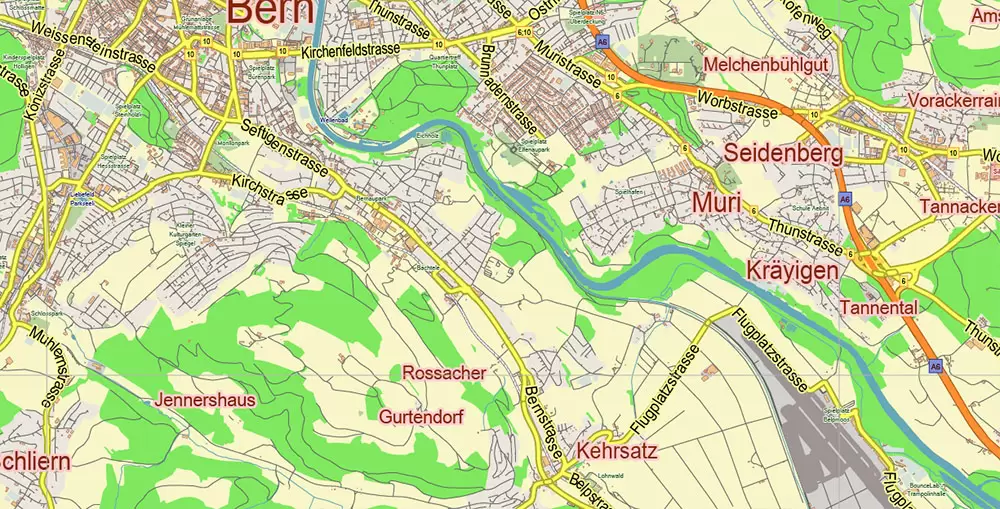 Bern Switzerland PDF Vector Map City Plan Low Detailed (for small print size) Street Map editable Adobe PDF in layers