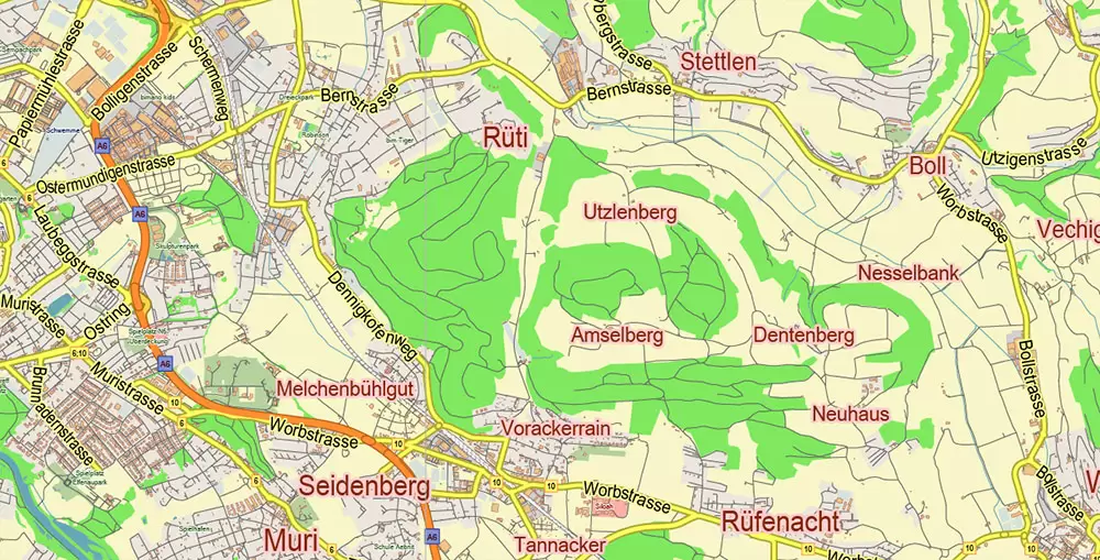 Bern Switzerland PDF Vector Map City Plan Low Detailed (for small print size) Street Map editable Adobe PDF in layers