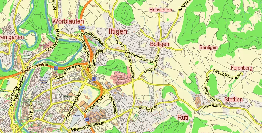 Bern Switzerland PDF Vector Map City Plan Low Detailed (for small print size) Street Map editable Adobe PDF in layers