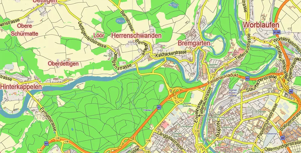 Bern Switzerland PDF Vector Map City Plan Low Detailed (for small print size) Street Map editable Adobe PDF in layers