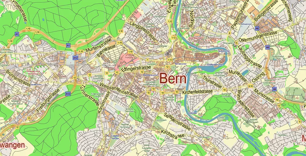 Bern Switzerland PDF Vector Map City Plan Low Detailed (for small print size) Street Map editable Adobe PDF in layers