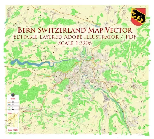 Bern Switzerland Map Vector Accurate High Detailed City Plan editable Adobe Illustrator Street Map in layers