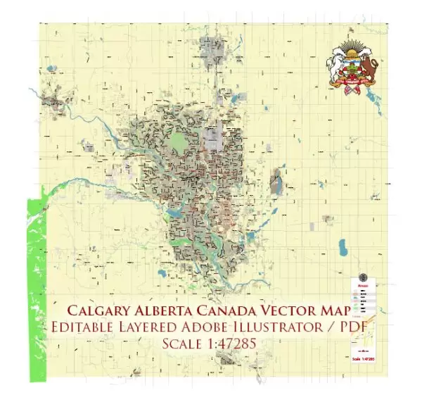 Calgary Alberta Canada Map Vector City Plan Low Detailed (for small print size) Street Map editable Adobe Illustrator in layers