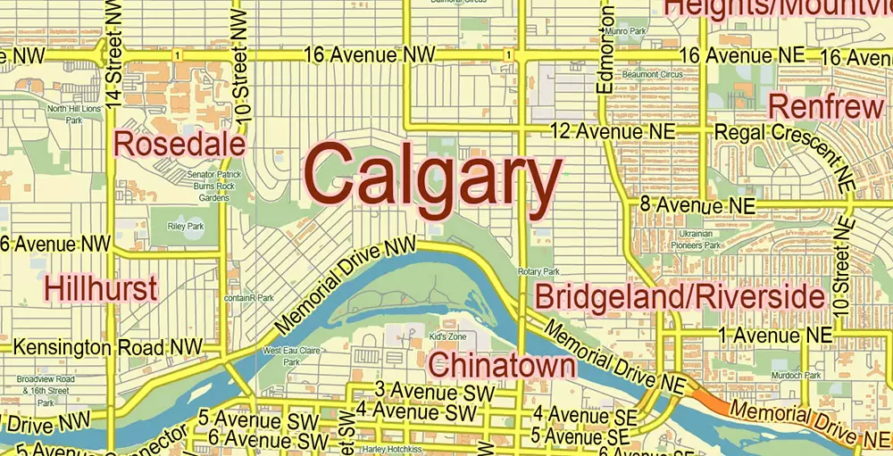 Calgary Alberta Canada Map Vector City Plan Low Detailed (for small print size) Street Map editable Adobe Illustrator in layers