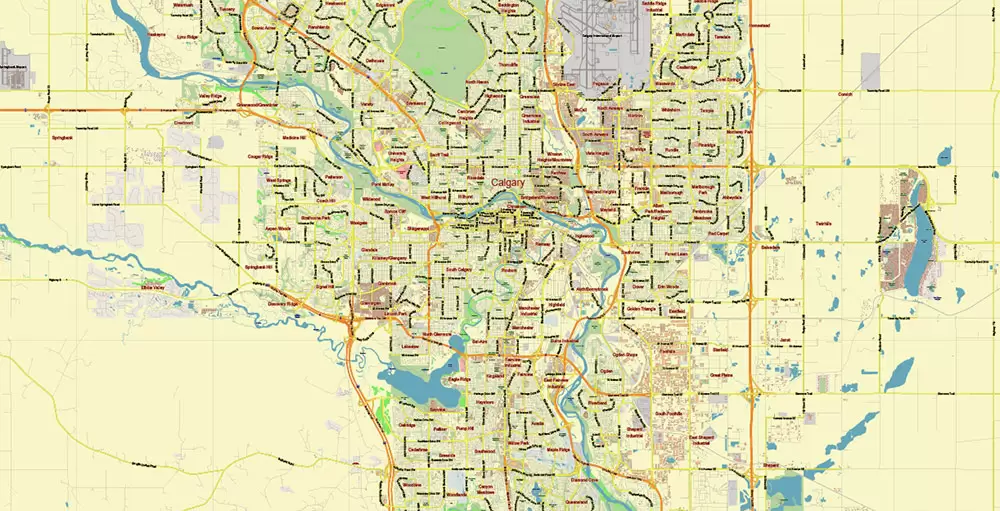 Calgary Alberta Canada Map Vector City Plan Low Detailed (for small print size) Street Map editable Adobe Illustrator in layers