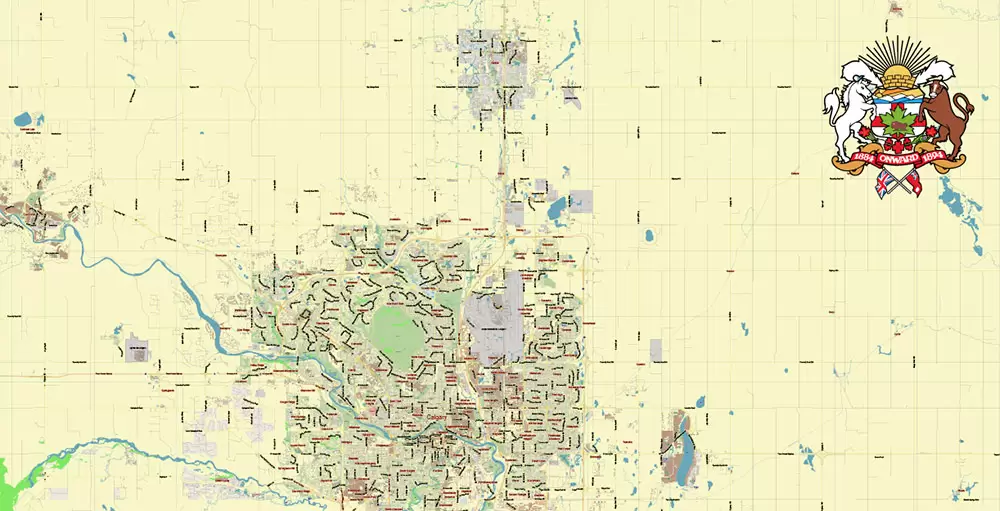 Calgary Alberta Canada Map Vector City Plan Low Detailed (for small print size) Street Map editable Adobe Illustrator in layers