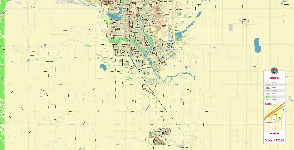 Calgary Alberta Canada Map Vector City Plan Low Detailed (for small print size) Street Map editable Adobe Illustrator in layers