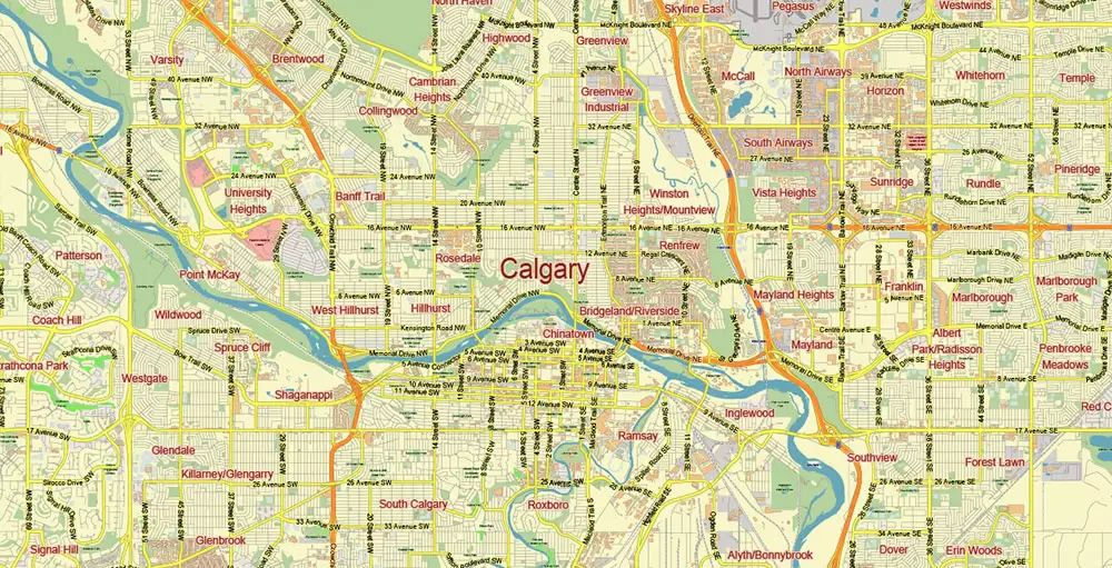 Calgary Alberta Canada Map Vector City Plan Low Detailed (for small print size) Street Map editable Adobe Illustrator in layers