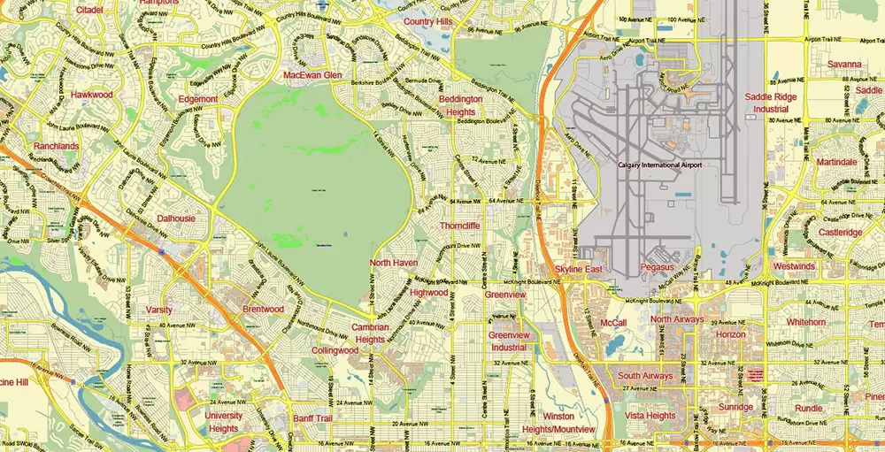Calgary Alberta Canada Map Vector City Plan Low Detailed (for small print size) Street Map editable Adobe Illustrator in layers
