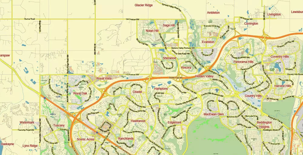 Calgary Alberta Canada Map Vector City Plan Low Detailed (for small print size) Street Map editable Adobe Illustrator in layers