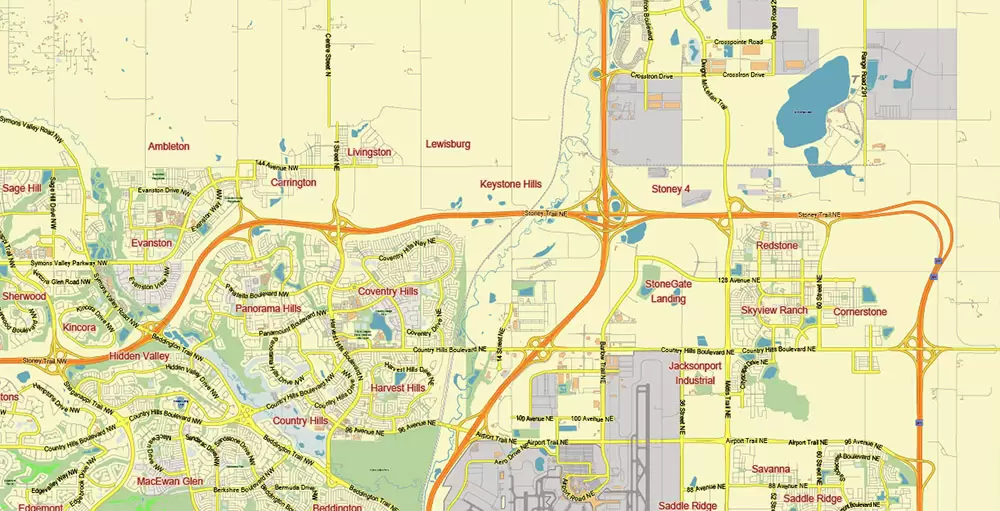Calgary Alberta Canada Map Vector City Plan Low Detailed (for small print size) Street Map editable Adobe Illustrator in layers