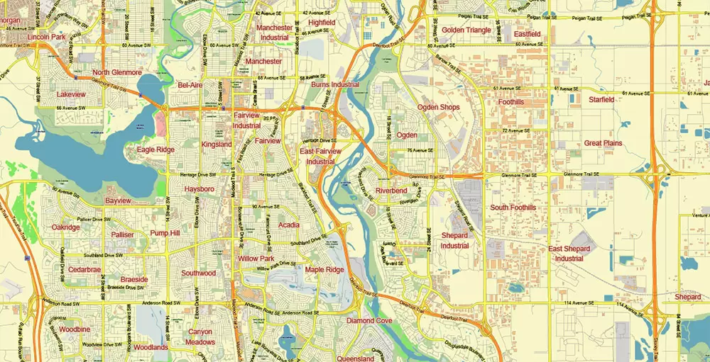 Calgary Alberta Canada Map Vector City Plan Low Detailed (for small print size) Street Map editable Adobe Illustrator in layers