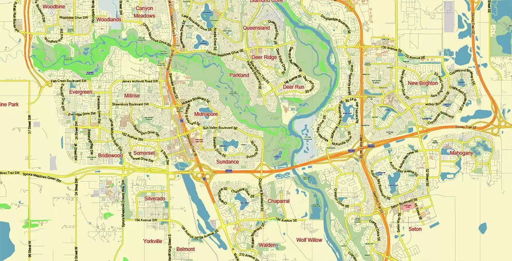 Calgary Alberta Canada Map Vector City Plan Low Detailed (for small print size) Street Map editable Adobe Illustrator in layers