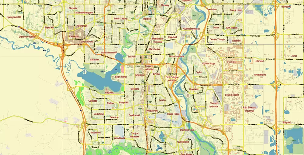 Calgary Alberta Canada Map Vector City Plan Low Detailed (for small print size) Street Map editable Adobe Illustrator in layers