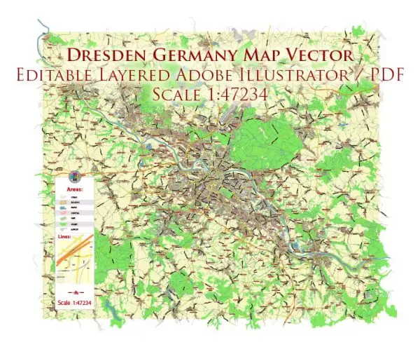 Dresden Germany Map Vector City Plan Low Detailed (for small print size) Street Map editable Adobe Illustrator in layers