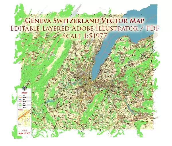 Geneva Genève Switzerland Map Vector City Plan Low Detailed (for small print size) Street Map editable Adobe Illustrator in layers