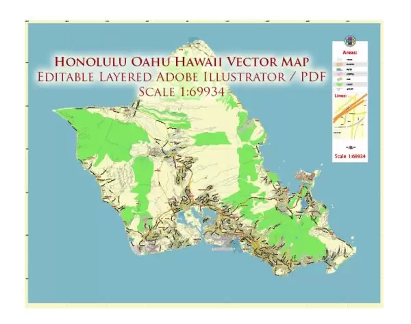 Honolulu Oahu Hawaii US Map Vector City Plan Low Detailed (for small print size) Street Map editable Adobe Illustrator in layers