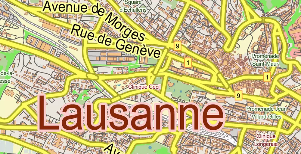 Lausanne Switzerland Map Vector City Plan Low Detailed (for small print size) Street Map editable Adobe Illustrator in layers