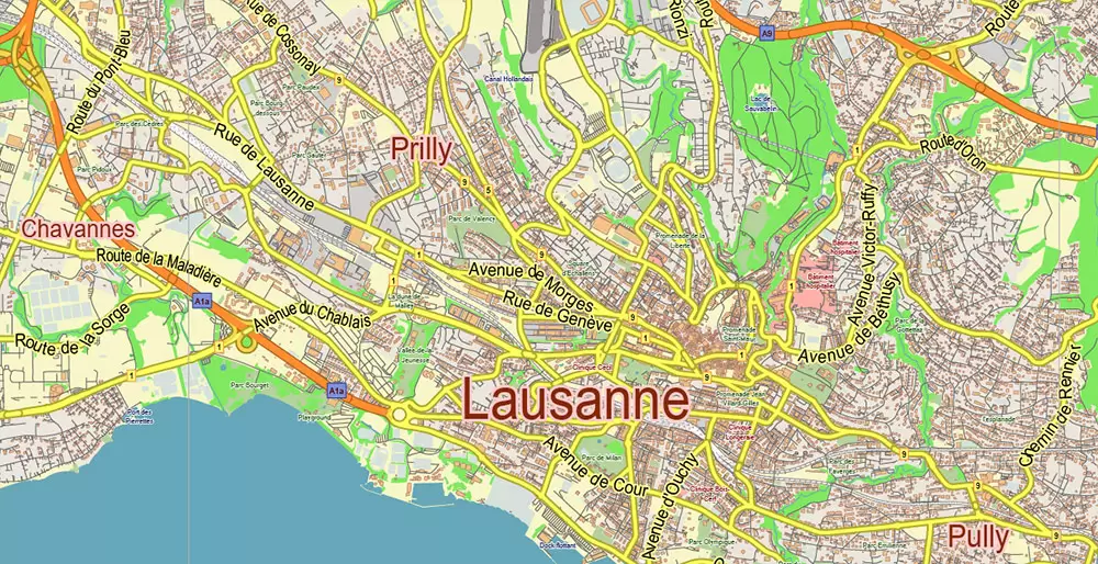 Lausanne Switzerland Map Vector City Plan Low Detailed (for small print size) Street Map editable Adobe Illustrator in layers