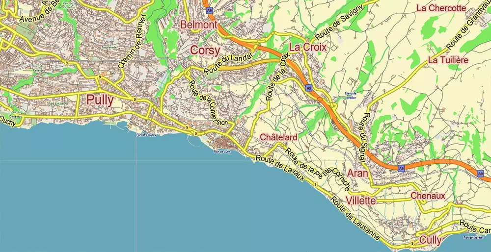 Lausanne Switzerland Map Vector City Plan Low Detailed (for small print size) Street Map editable Adobe Illustrator in layers