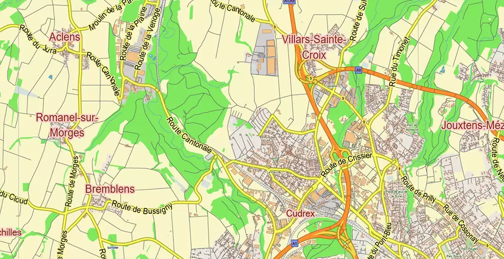 Lausanne Switzerland Map Vector City Plan Low Detailed (for small print size) Street Map editable Adobe Illustrator in layers