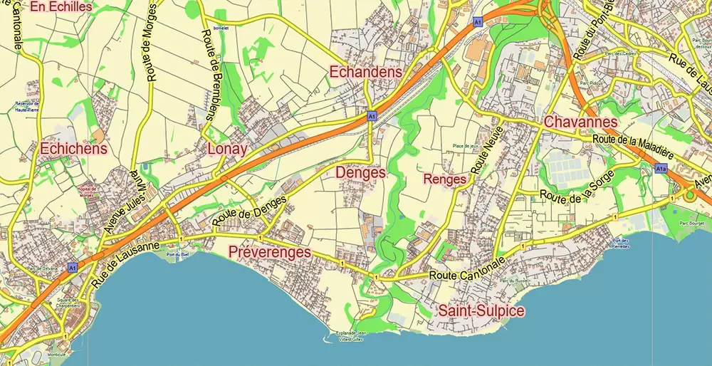 Lausanne Switzerland Map Vector City Plan Low Detailed (for small print size) Street Map editable Adobe Illustrator in layers