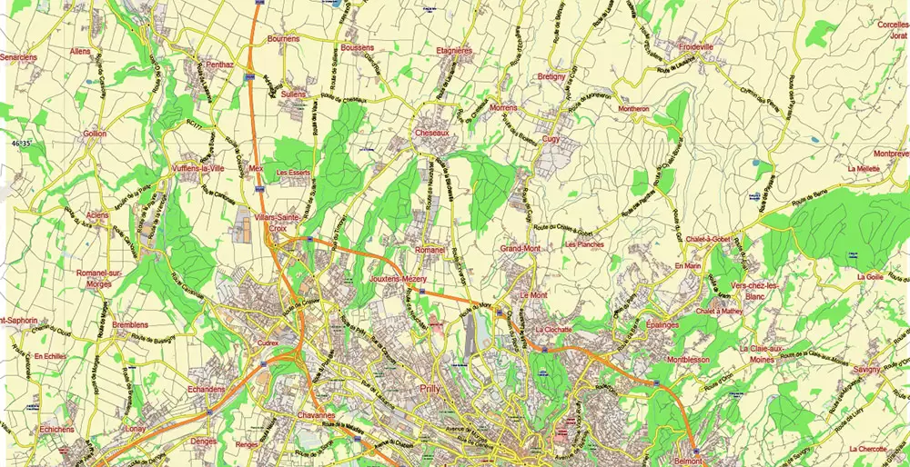 Lausanne Switzerland Map Vector City Plan Low Detailed (for small print size) Street Map editable Adobe Illustrator in layers