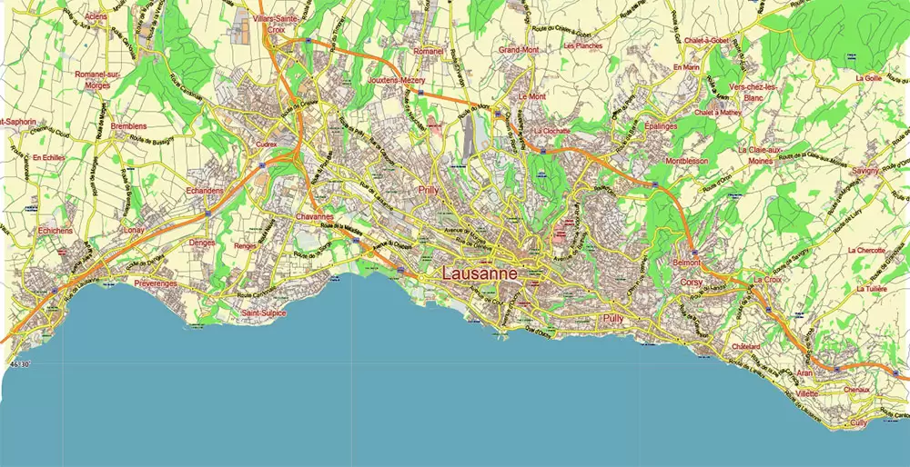 Lausanne Switzerland Map Vector City Plan Low Detailed (for small print size) Street Map editable Adobe Illustrator in layers