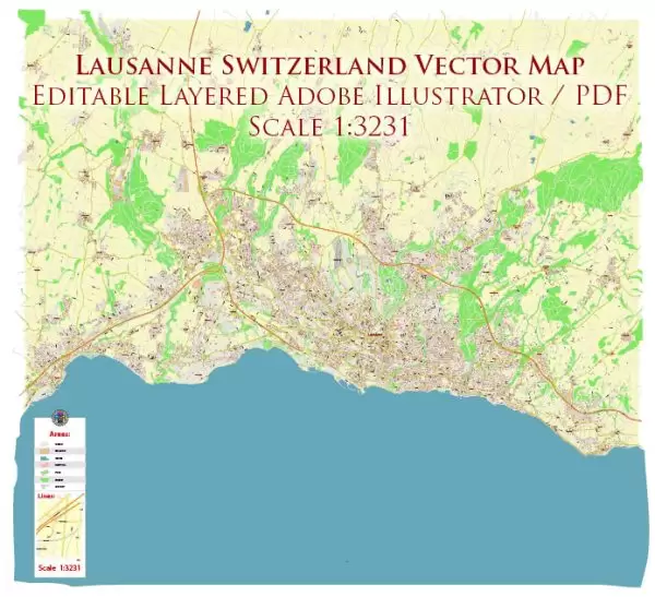 Lausanne Switzerland Map Vector Accurate High Detailed City Plan editable Adobe Illustrator Street Map in layers