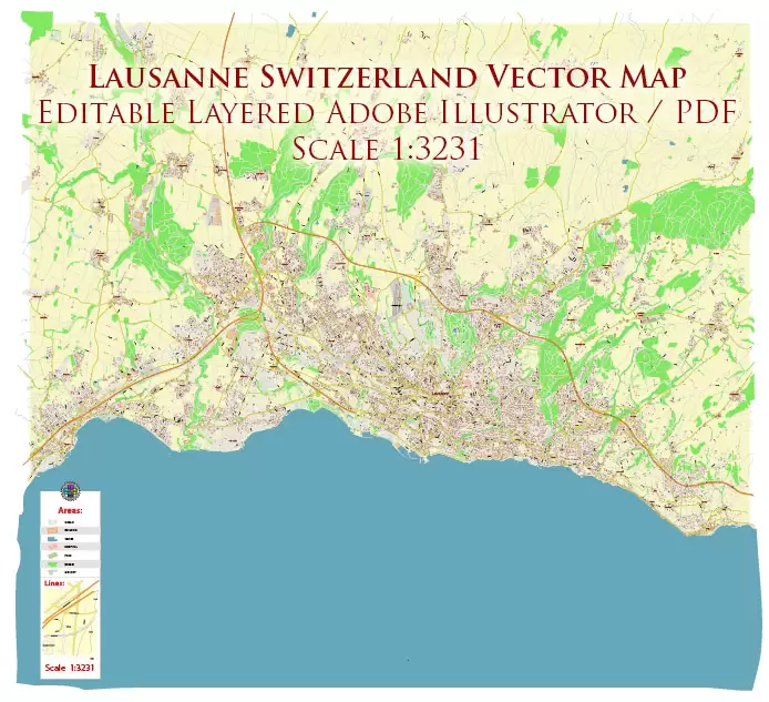 Lausanne Switzerland Map Vector Accurate High Detailed City Plan editable Adobe Illustrator Street Map in layers