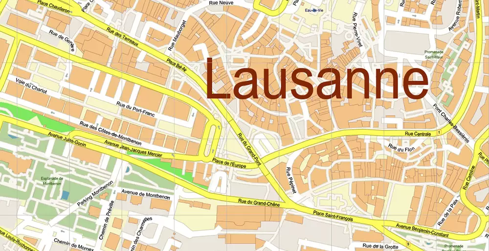 Lausanne Switzerland Map Vector Accurate High Detailed City Plan editable Adobe Illustrator Street Map in layers